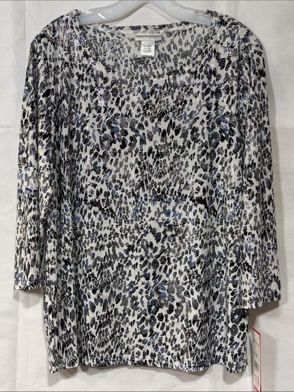 Rebecca Malone Women's White, Black & Blue Animal Print Scoop Neck Top